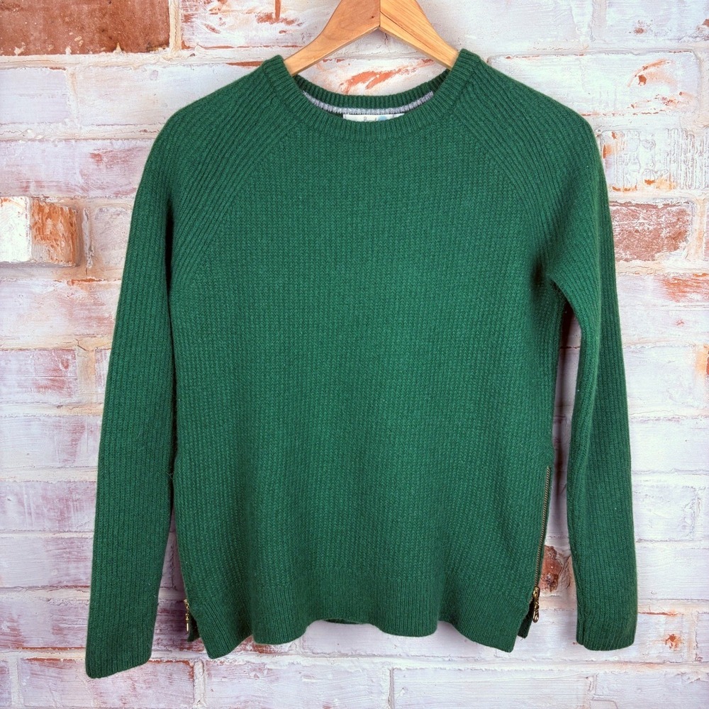Boden M Forest Green Wool Cashmere Blend Ribbed Sweater Gold Side Zips Crew Neck